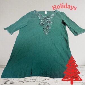 EUC. Elegant Embellished Dark Green Beaded Cotton Tunic Top – Women’s Size Large